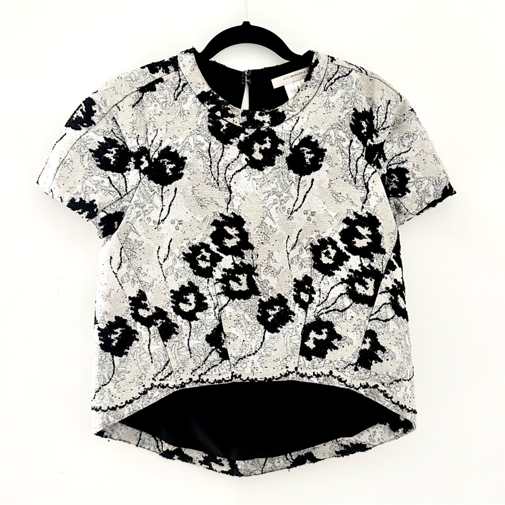 BCBGMaxAzria Embroidered Floral High-Low Blouse – Black/Silver